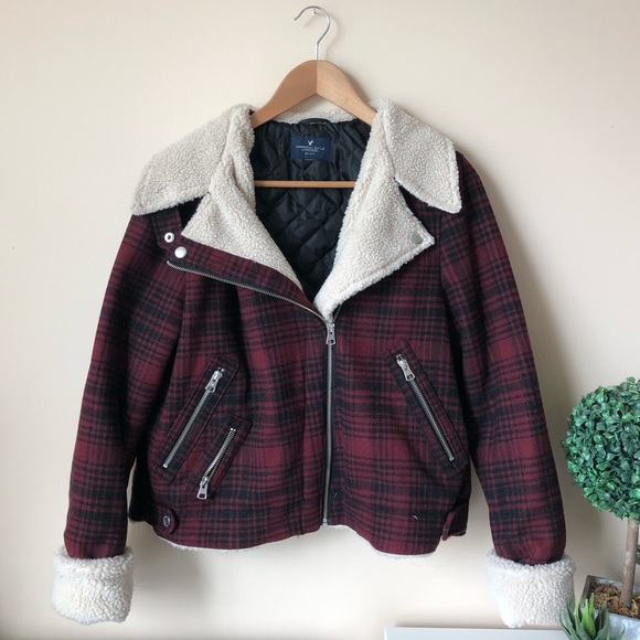 American Eagle Outfitters Jackets & Blazers - american eagle plaid sherpa moto jacket